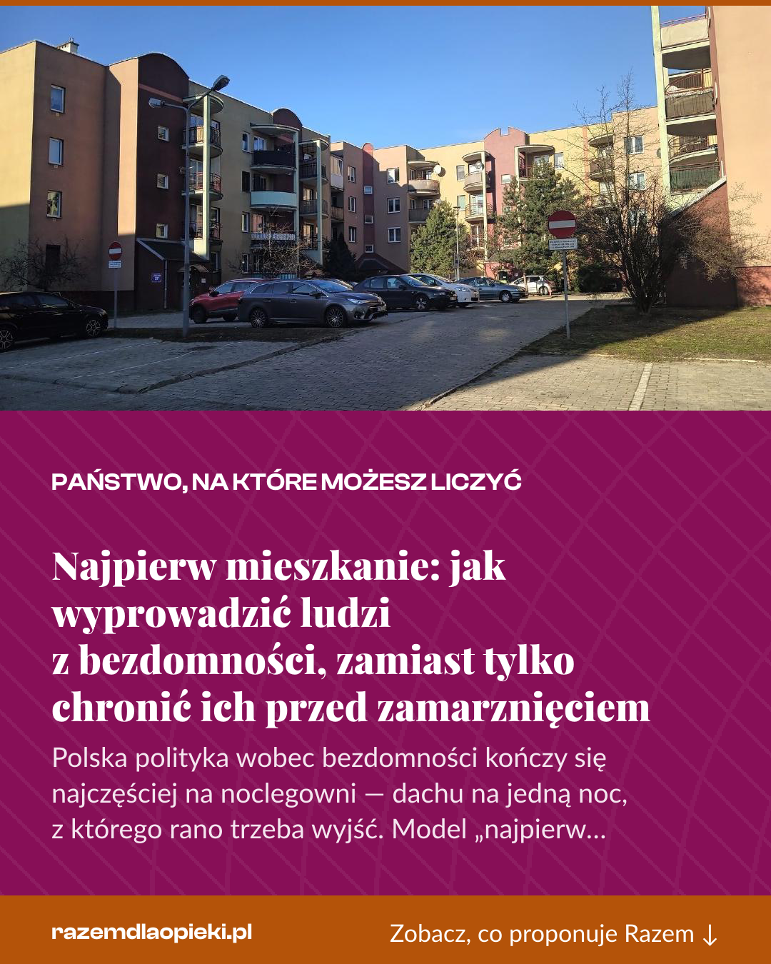 Grafika pionowa do udostępnienia: Najpierw mieszkanie: jak wyprowadzić ludzi z bezdomności, zamiast tylko chronić ich przed zamarznięciem