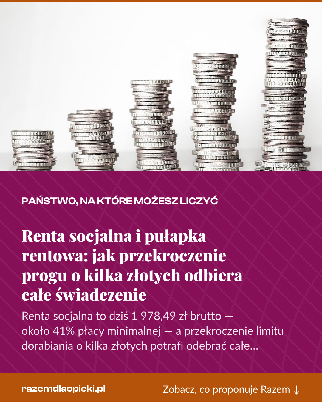 Grafika pionowa do udostępnienia: Renta socjalna i pułapka rentowa: jak przekroczenie progu o kilka złotych odbiera całe świadczenie