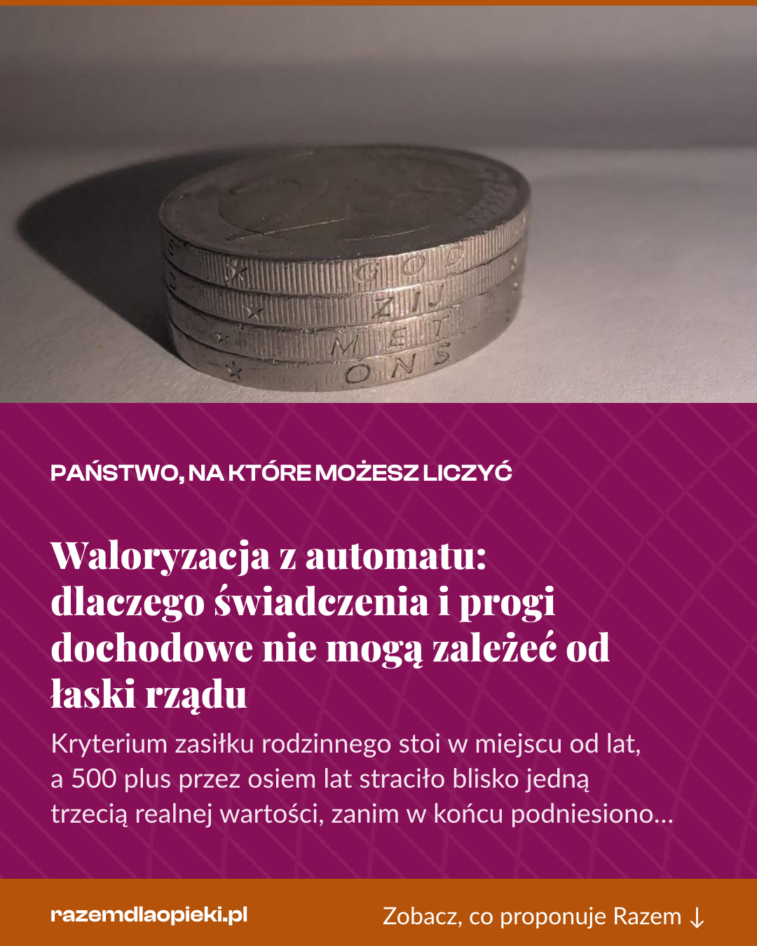 Grafika pionowa do udostępnienia: Waloryzacja z automatu: dlaczego świadczenia i progi dochodowe nie mogą zależeć od łaski rządu