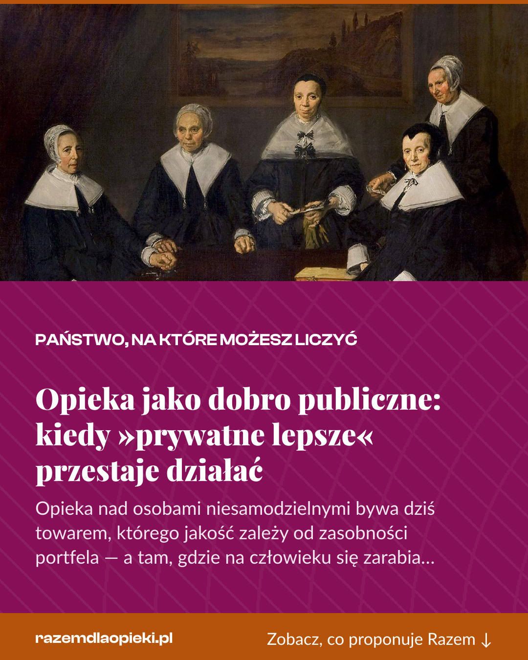 Grafika pionowa do udostępnienia: Opieka jako dobro publiczne: kiedy »prywatne lepsze« przestaje działać